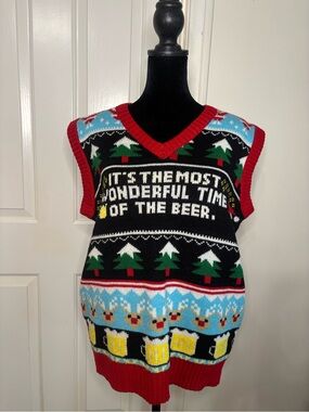 Novelty V-Neck Sweater Vest - Black with Red Trim